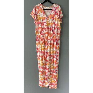Candace Cameron Bure Jumpsuit 1X Palm Tree Tropical Print Vacation Resort Chic